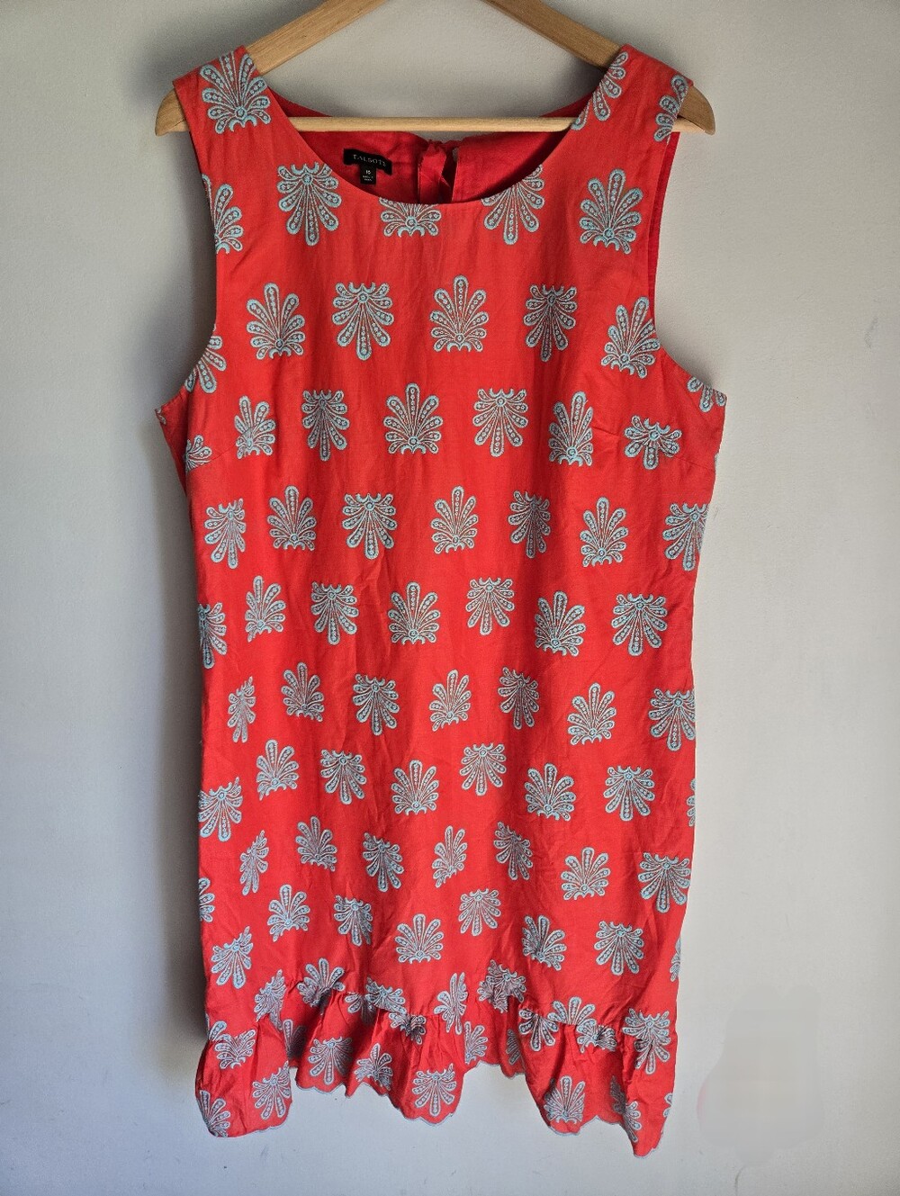 TALBOTS Red Cotton Dress with Light Turquoise Embroidery